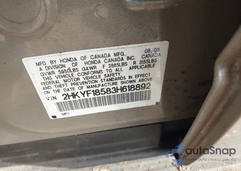 2003 Honda Pilot Ex-L из США, поврежденный, VIN 2HKYF18583H618892